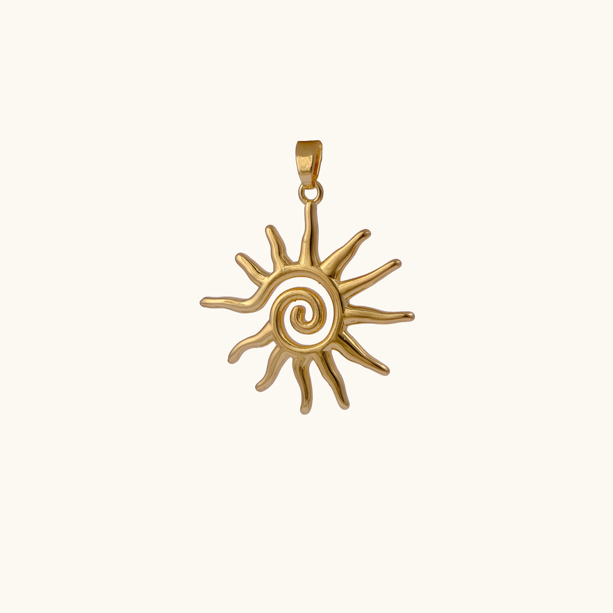 Sola 18K gold-plated sculpted sun charm with spiral centre by Belliora